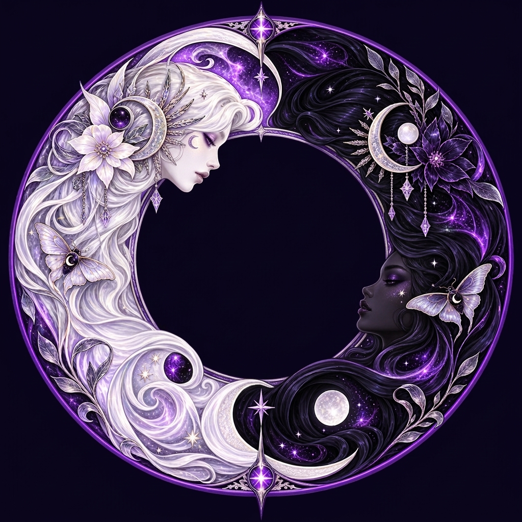 The two Dichotomy Sisters — one pearl white, one shadow violet — wrapped around the rim of Mara's mirror