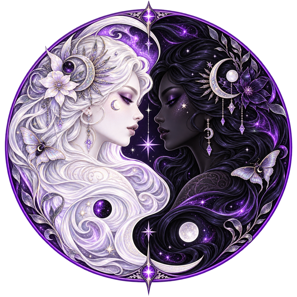 The two Dichotomy Sisters — one pearl white, one shadow violet — forming a yin and yang